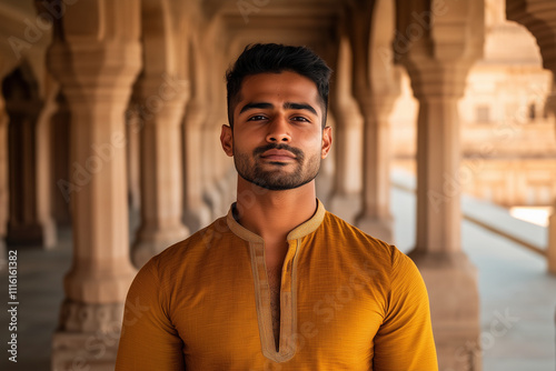 Portrait of a fit Indian man wearing an orange kurta in a temple