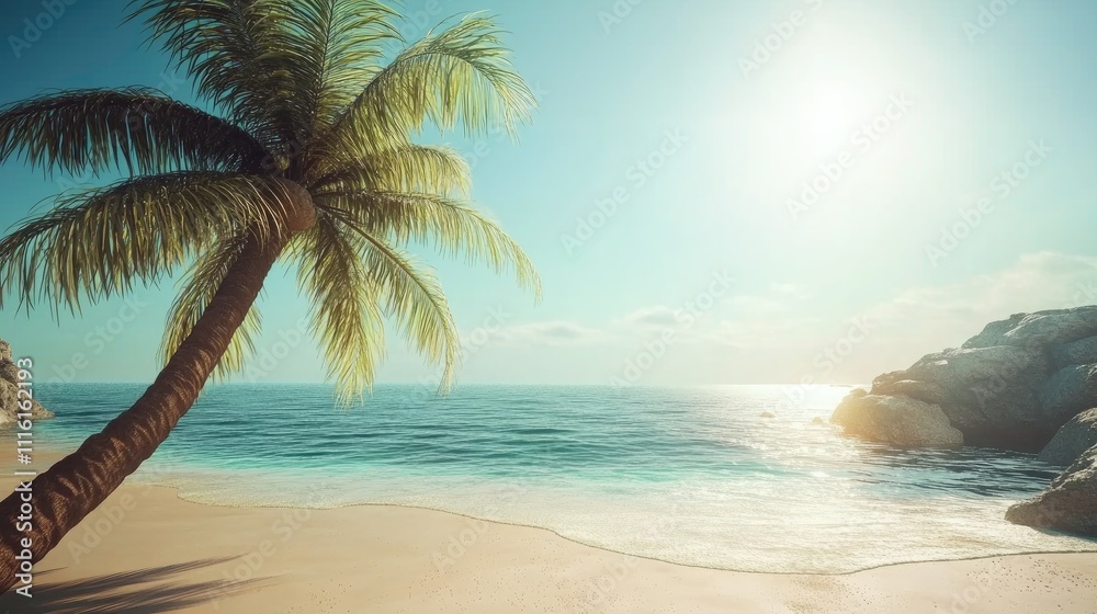 Fototapeta premium Tropical beach with palm trees and tranquil sea under bright sunlight at luxury exotic hotel in summer setting