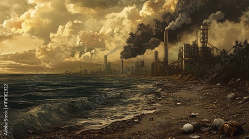 Environmental degradation with industrial pollution impacting beach scenery and shoreline health against a dramatic sky backdrop. photo