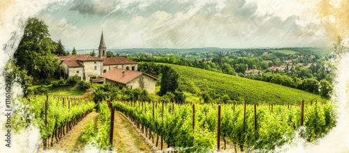 Scenic vineyards landscape with a picturesque village church set against rolling hills and lush greenery in a tranquil setting.