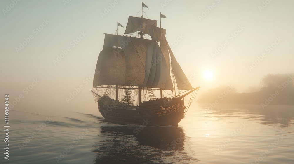 Fototapeta premium Ancient sailing ship sails on calm, foggy sea.
