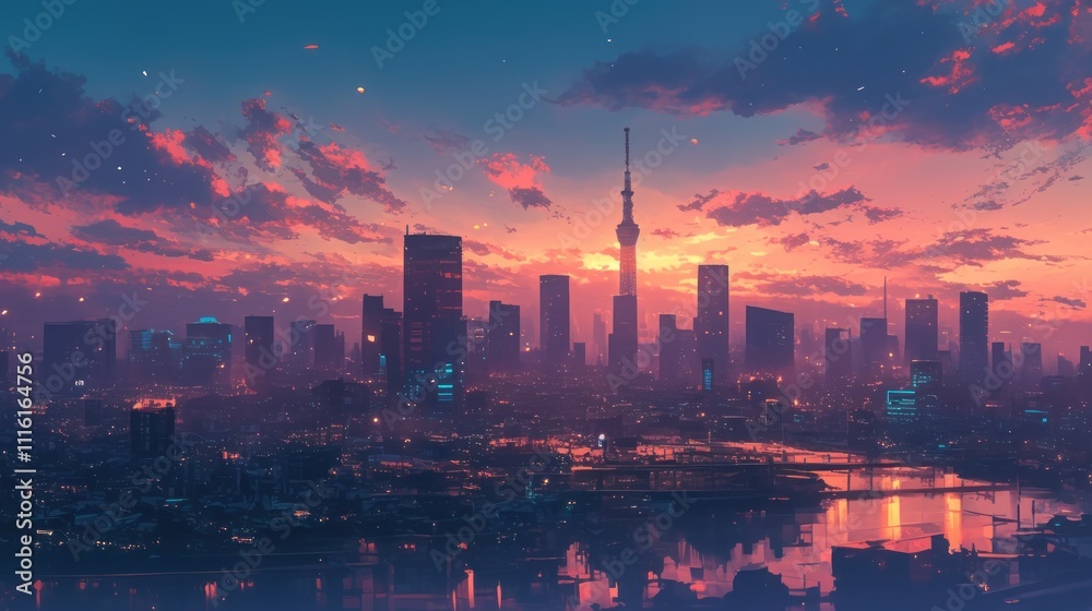 Obraz premium Vibrant sunset cityscape with a tall tower and colorful clouds.