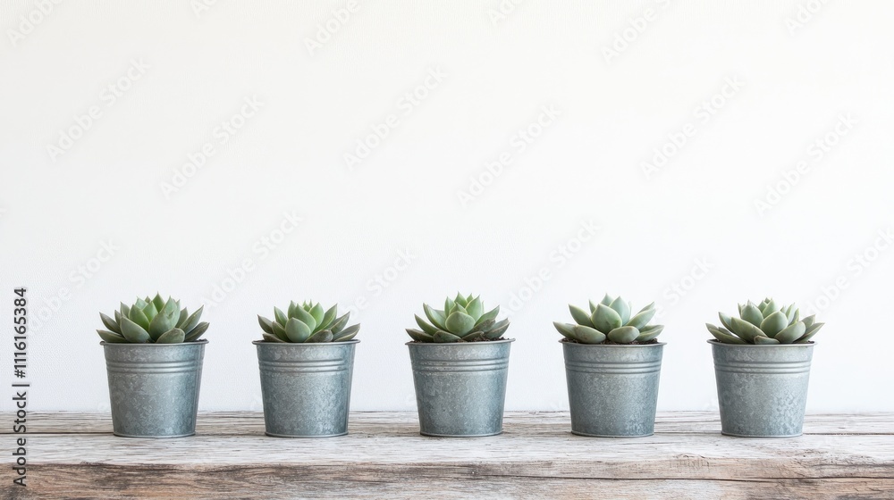 Succulent plants in metal pots arranged on a wooden surface against a clean white background for a minimalist aesthetic. Succulent plants in metal pots arranged on a wooden surface against a clean white background for a minimalist aesthetic.