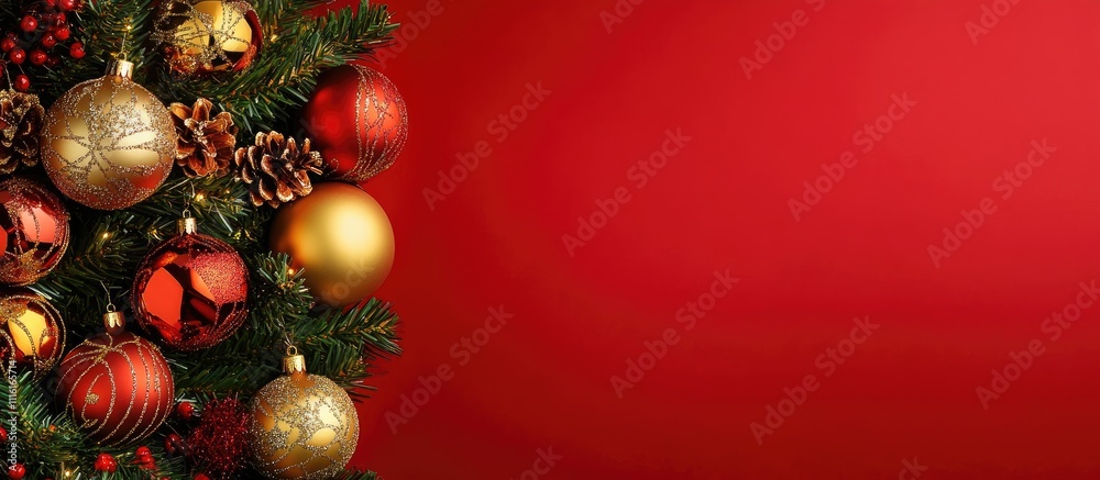 Elegant Christmas tree with glamorous ornaments on a red backdrop perfect for holiday banners and festive promotions during winter season. Elegant Christmas tree with glamorous ornaments on a red backdrop perfect for holiday banners and festive promotions during winter season.