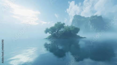 Serene island in misty calm water, reflecting sky and clouds.