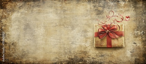 Vintage Christmas backdrop with a decorative gift box and ribbon on a textured aged background for holiday themes and designs. photo
