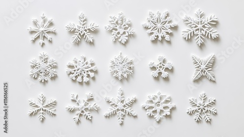 Different white snowflakes arranged on a white table create a stunning flat lay. This flat lay design highlights the beauty of the white snowflakes in an elegant composition.