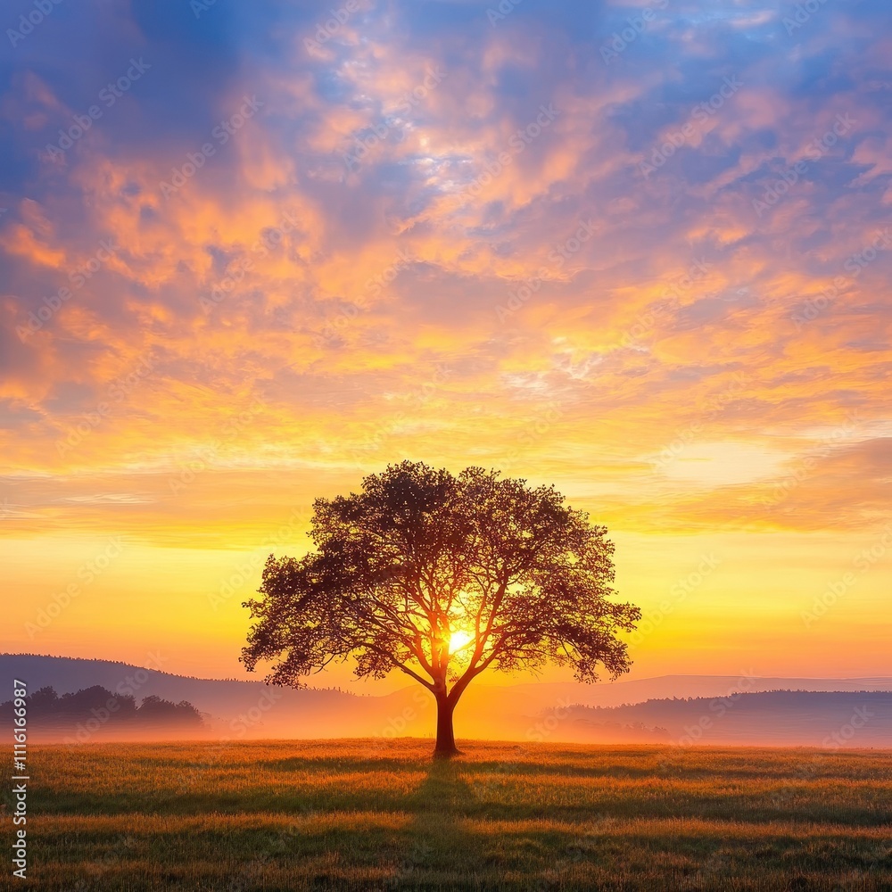 Obraz premium Beautiful tree at sunrise in tranquil landscape