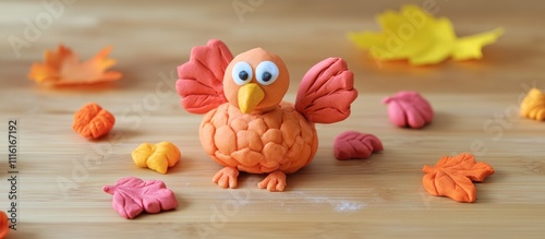 Creative plasticine turkey model for holiday traditions with colorful autumn leaves on a wooden surface celebrating Thanksgiving spirit photo