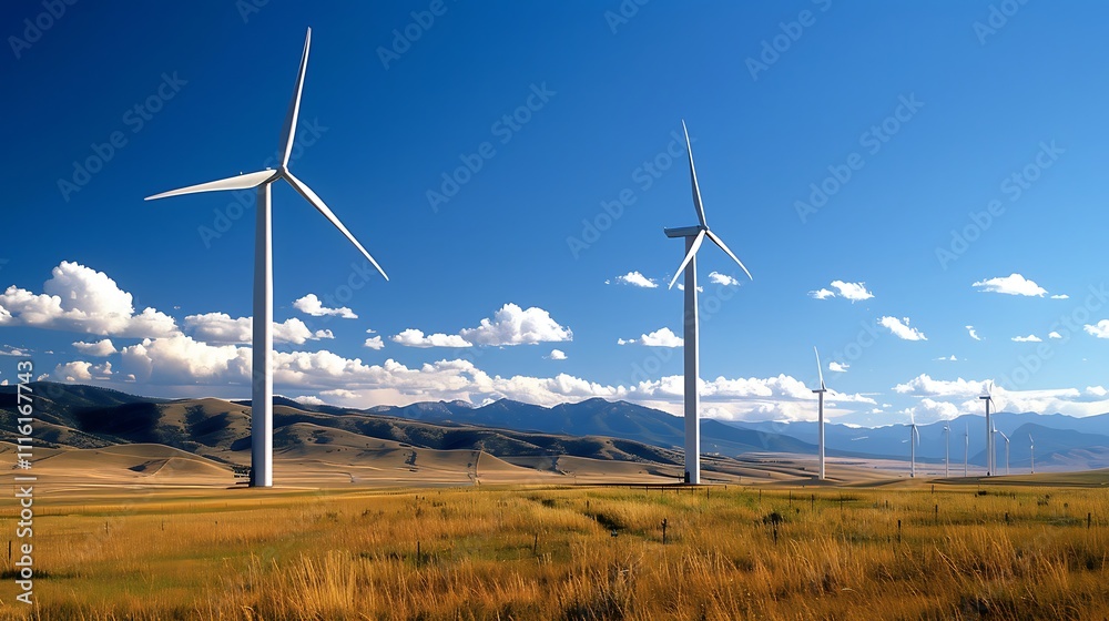 A massive wind farm on the rolling plains with turbines spinning in the breeze A massive wind farm on the rolling plains with turbines spinning in the breeze