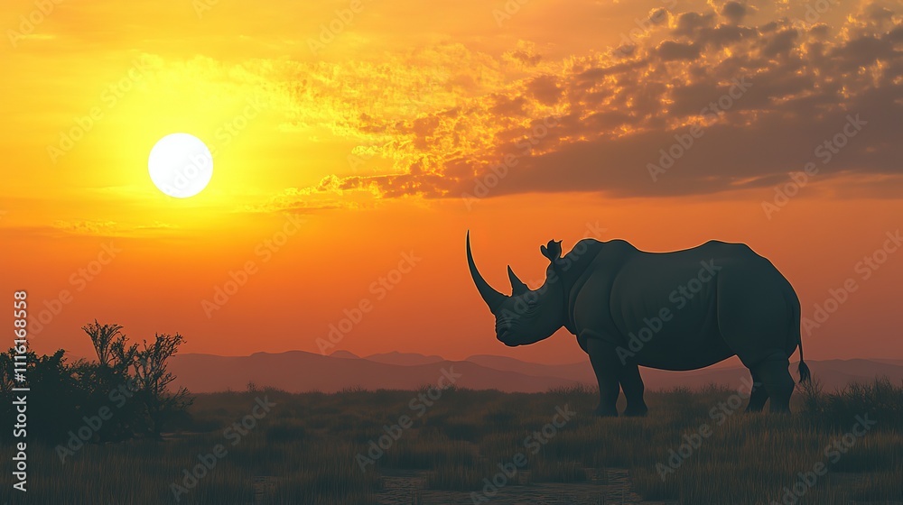 Fototapeta premium Rhino silhouetted against a vibrant sunset.