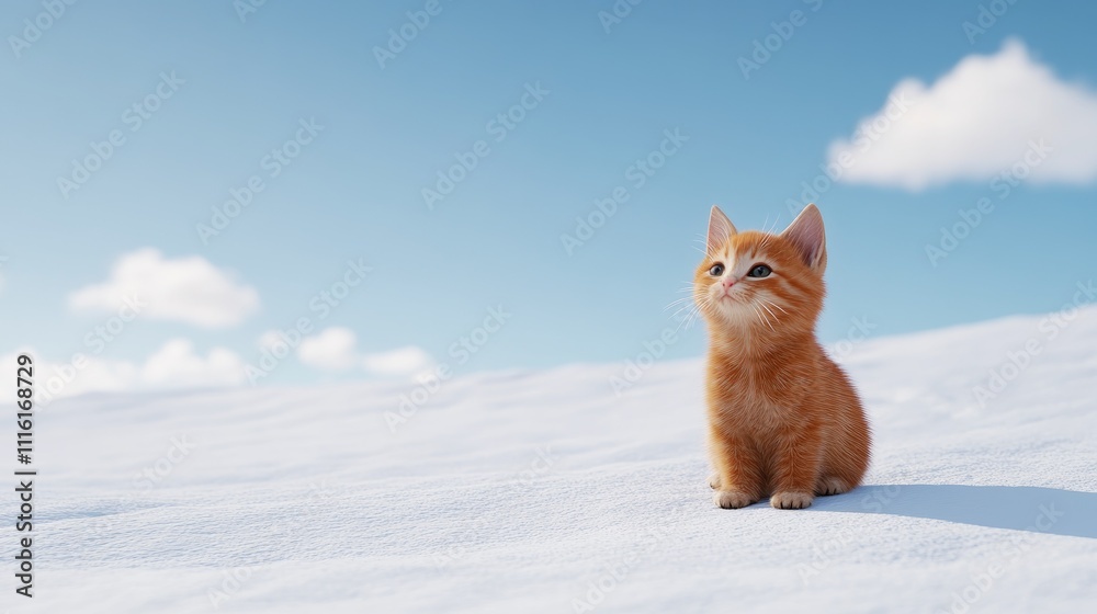 Cute ginger kitten sitting on snow with a bright blue sky background and fluffy white clouds creating a serene winter atmosphere. Cute ginger kitten sitting on snow with a bright blue sky background and fluffy white clouds creating a serene winter atmosphere.