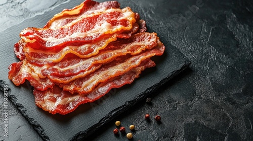 Freshly cooked crispy bacon strips arranged on a dark slate platter with colorful peppercorns on a textured black surface. photo