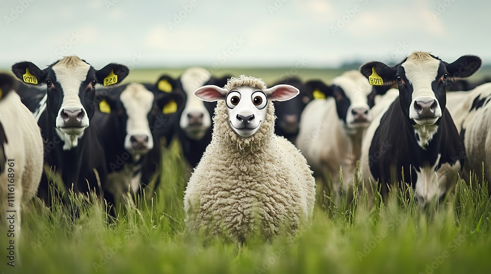 Fototapeta premium Sheep with cow mask in pasture.