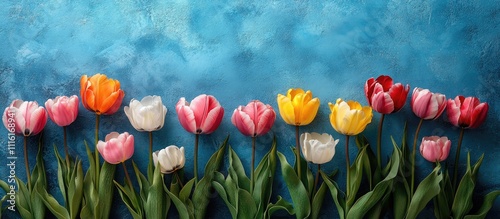 Aerial view of colorful tulips in vibrant spring hues against a blue background with ample copy space for text or design elements photo