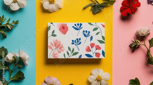 Spring-inspired business card mockup set against a colorful floral background. This business card mockup offers a vibrant spring touch, ideal for creative designs, with ample copy space. photo