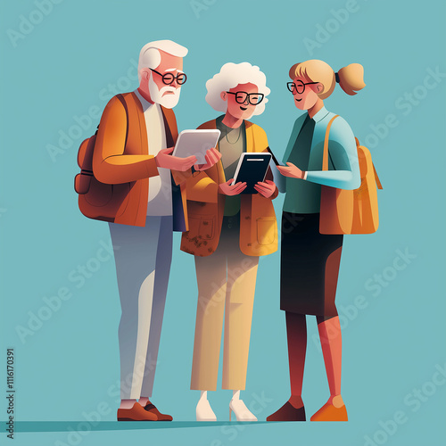 Super Ager concept. A candid image depicting older adults engaging with digital technology, representing the concept of super agers embracing modern tools. photo