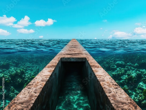 Dualpurpose seacrossing bridge with a roadway above and a submerged tunnel for underwater vehicle passage photo