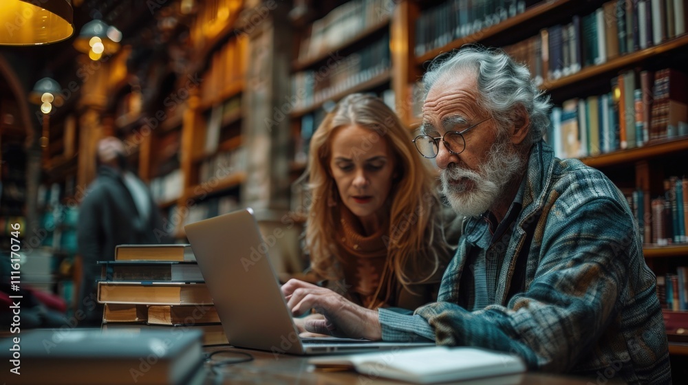 Older man learning to use a laptop in a library Older man learning to use a laptop in a library