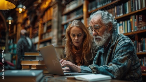 Older man learning to use a laptop in a library