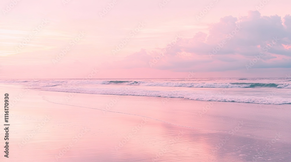 Obraz premium A tranquil beach scene bathed in soft pastel pink light at dawn, creating a picturesque atmosphere perfect for relaxation and reflection, with ample copy space for your needs.