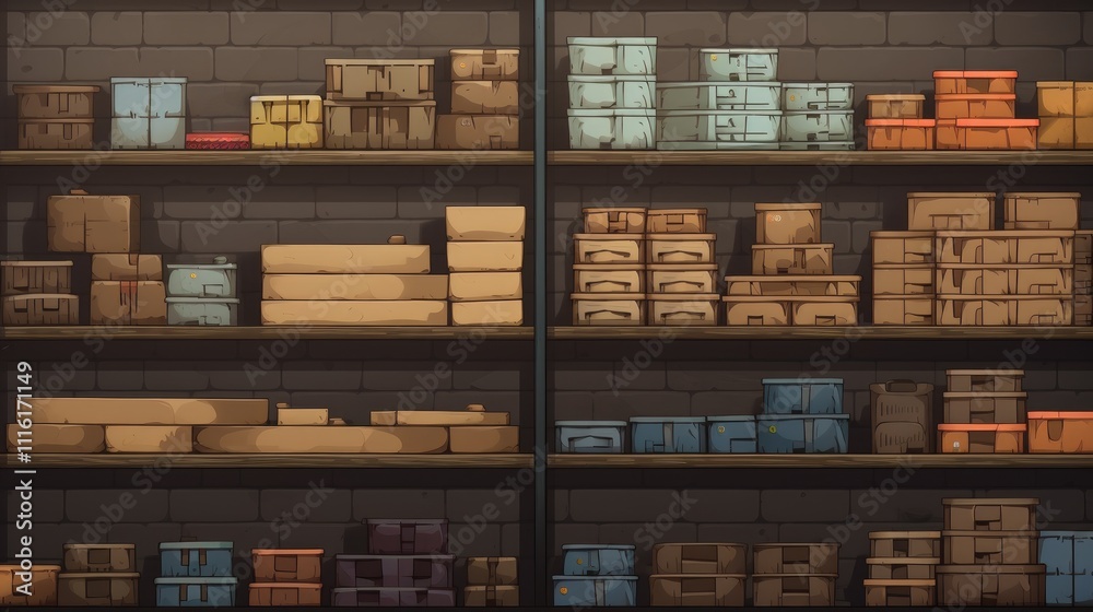 Warehouse shelves filled with a variety of boxes and containers showcasing an organized storage space for inventory or supplies. Warehouse shelves filled with a variety of boxes and containers showcasing an organized storage space for inventory or supplies.