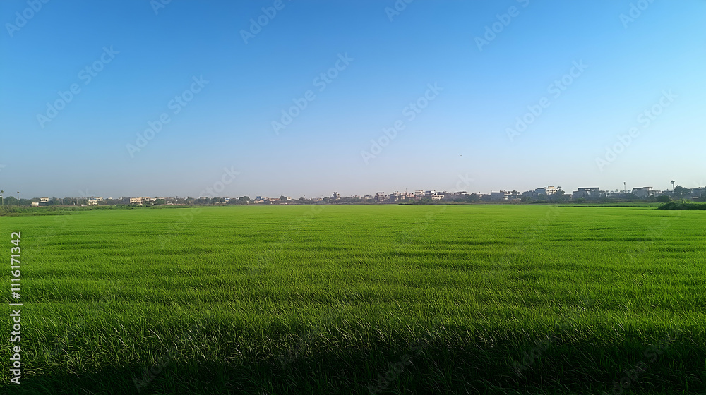 Obraz premium Lush green field under a clear blue sky, distant cityscape.