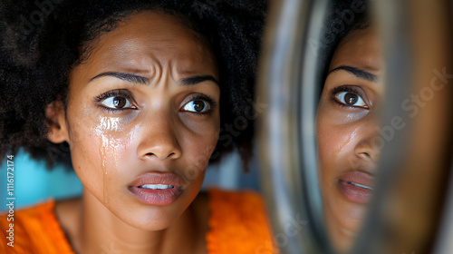 Emotional close-up of two women sharing a heartfelt moment with teary eyes and intense expressions. photo