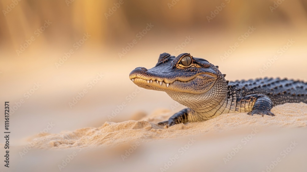 Fototapeta premium Striking alligator portrait captured on sandy terrain, highlighting the unique textures and colors of the alligator, complemented by ample photo style copy space.