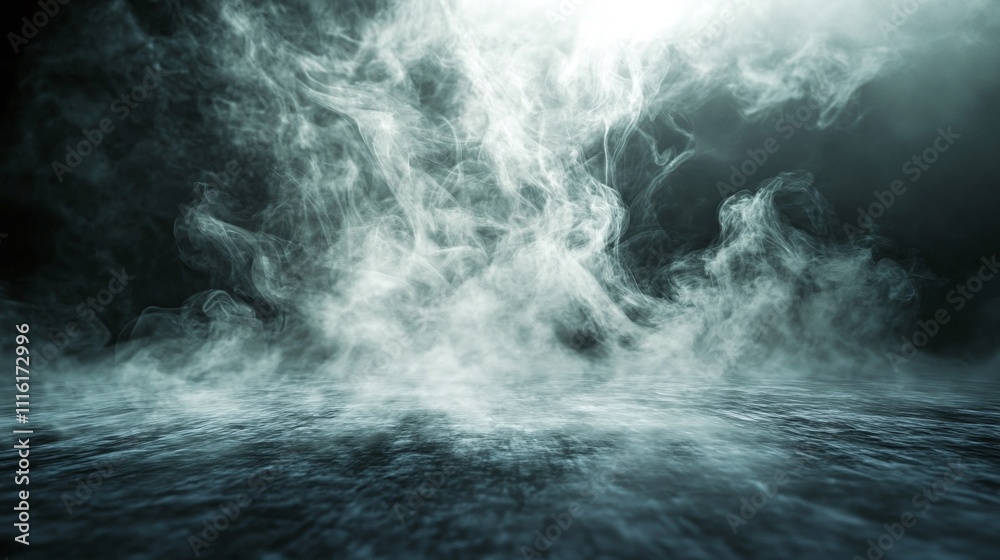 Mystical mist. Swirling smoke in dark and light symphony. Fluid fantasia. Abstract dance of fog and light on floor with black background Mystical mist. Swirling smoke in dark and light symphony. Fluid fantasia. Abstract dance of fog and light on floor with black background