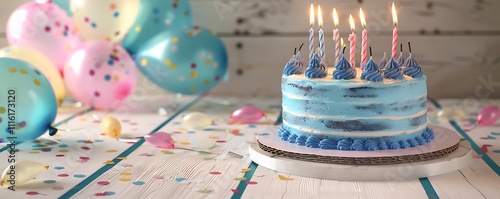 Blue cake with flickering candles on a white wooden table, surrounded by scattered confetti and pastel balloons. Ideal for birthday invitations and banners. photo