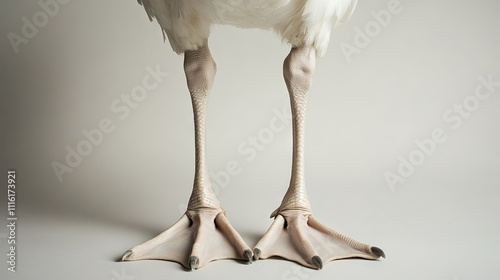 Goose legs exhibit unique characteristics, similar to ostrich legs, with distinct splayed toes. A detailed view of these fascinating goose legs provides ample copy space for design purposes. photo