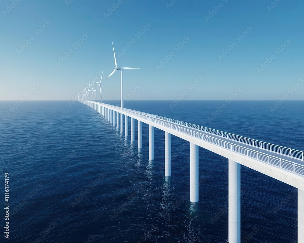 Fototapeta premium Modern seacrossing bridge with wind turbines along its length, generating renewable energy as it spans the coastline