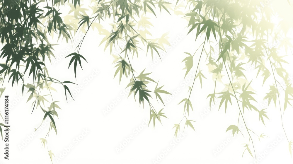 Green botanical leaves from a plant delicately arranged against a soft white background, showcasing intricate shapes and textures, freshness, nature, tranquility, floral design. Green botanical leaves from a plant delicately arranged against a soft white background, showcasing intricate shapes and textures, freshness, nature, tranquility, floral design.