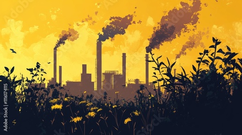 Industrial pollution with chimneys emitting smoke against a yellow sky with silhouettes of plants and flowers in the foreground. photo