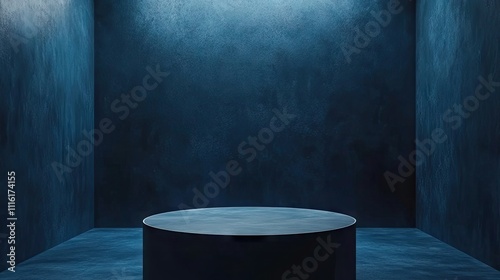 Stylish blue studio room background ideal for product presentation, product display, and creative use of copy space. The interior features a beautiful dark blue setting with an empty tabletop. photo