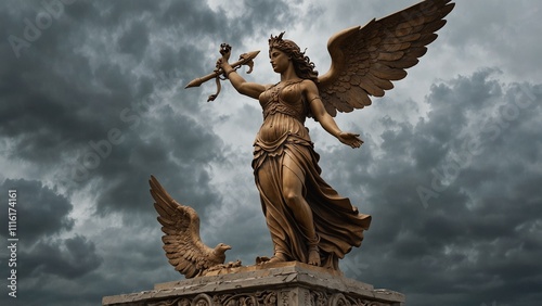 Statue of Nike, the goddess of wind and victory, with wings spread wide, dressed in flying attire, moving gracefully, set against a stormy sky and swirling dust, with carvings depicting her power in b