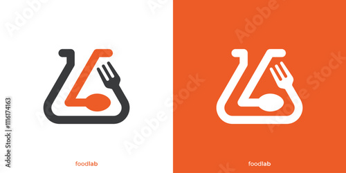 Creative Food Lab Logo. Lab Test Tube and Spoon Fork Icon Graphic. Food and Drink Logo Design Template.