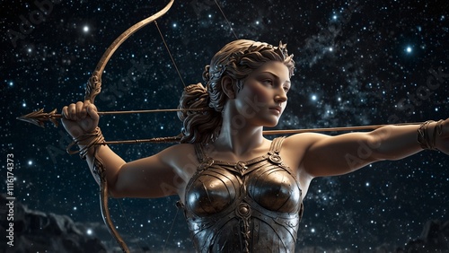 Statue of Artemis, the goddess of the stars, holding a bow and arrow, surrounded by stars and silver light, with a backdrop of the night sky and shooting stars, with carvings depicting her as the prot photo