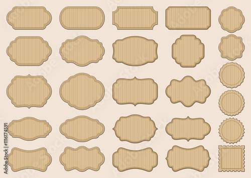 Label frames with ornamental edges and light brown striped texture. Vintage large collection of different stickers, isolated on a pale beige background. Vector big set for greeting card and invitation