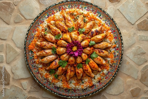 Chicken Mandy top view The national Saudi Arabian dish chicken kabsa with rice mandi, arab cuisine.  photo