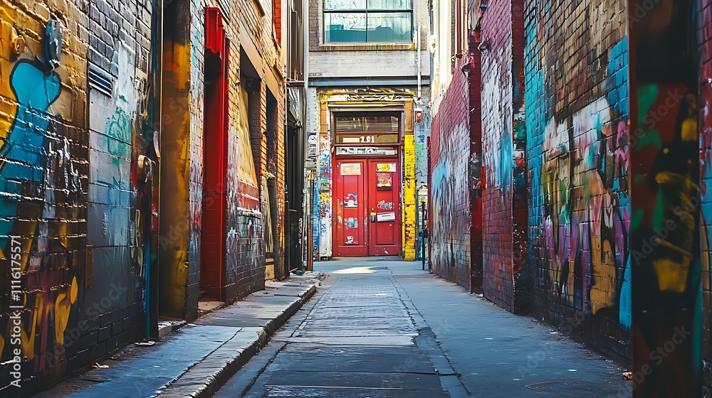 Naklejka premium Graffiti Alleyway with Red Door