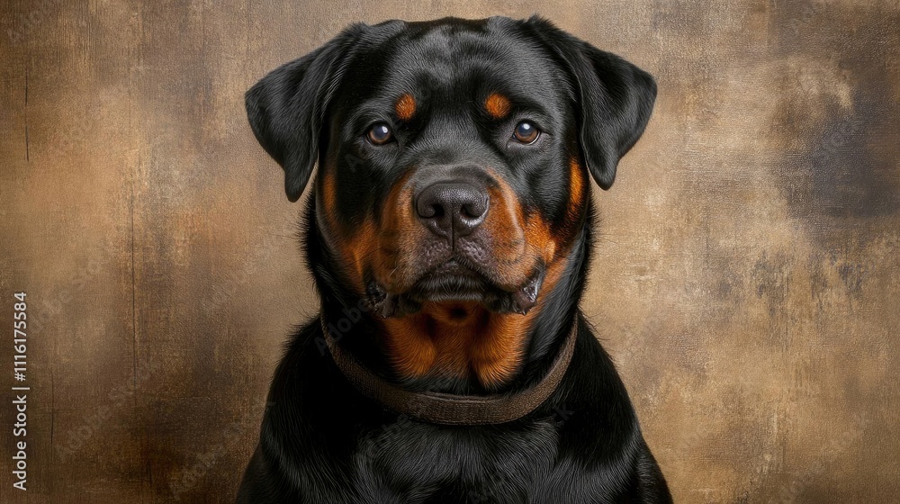 Obraz premium Majestic purebred Rottweiler portrait showcasing strong features against a textured neutral background