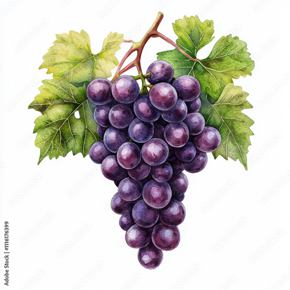 Fototapeta premium Fresh purple grapes with green leaves, showcasing their vibrant color and natural beauty. Perfect for illustrating agriculture and healthy eating