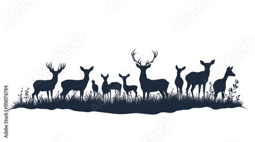 A silhouette of various deer standing in a grassy area, creating a serene and natural scene.