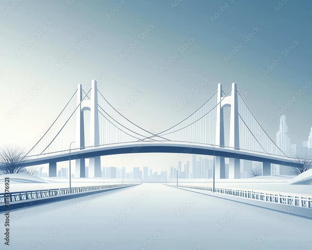 Fototapeta premium Futuristic suspension bridge with sleek curves, spanning a wide river with elegant towers rising from the water