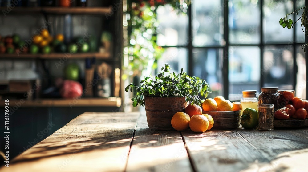 Fototapeta premium Bright kitchen scene with fresh produce and potted herbs