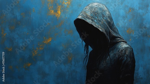 Silhouette of a hooded figure against a textured blue background in a striking mixed media artwork photo