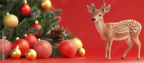 Festive Christmas backdrop with a beautifully decorated tree elegant ornaments and a charming deer figure on vibrant red background photo