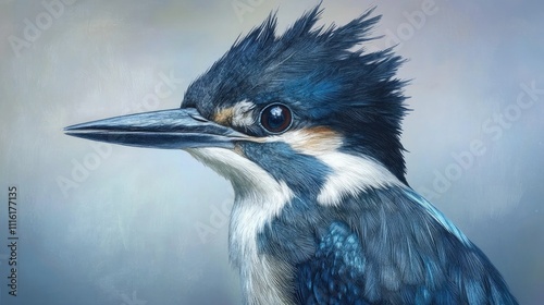 Belted Kingfisher Close-Up Capturing Vibrant Feathers and Unique Features of This Striking Water Bird in a Serene Natural Background photo